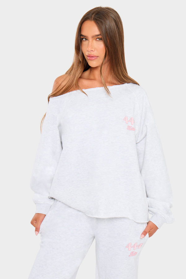 Kaiia 444 Off the Shoulder Sweatshirt Light Grey Marl & Pink