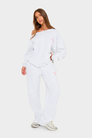 Kaiia 444 Off the Shoulder Sweatshirt Light Grey Marl & Pink