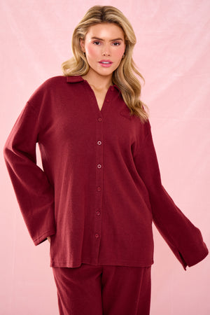 Kaiia Supersoft V Neck Button Down Shirt Warm Berry