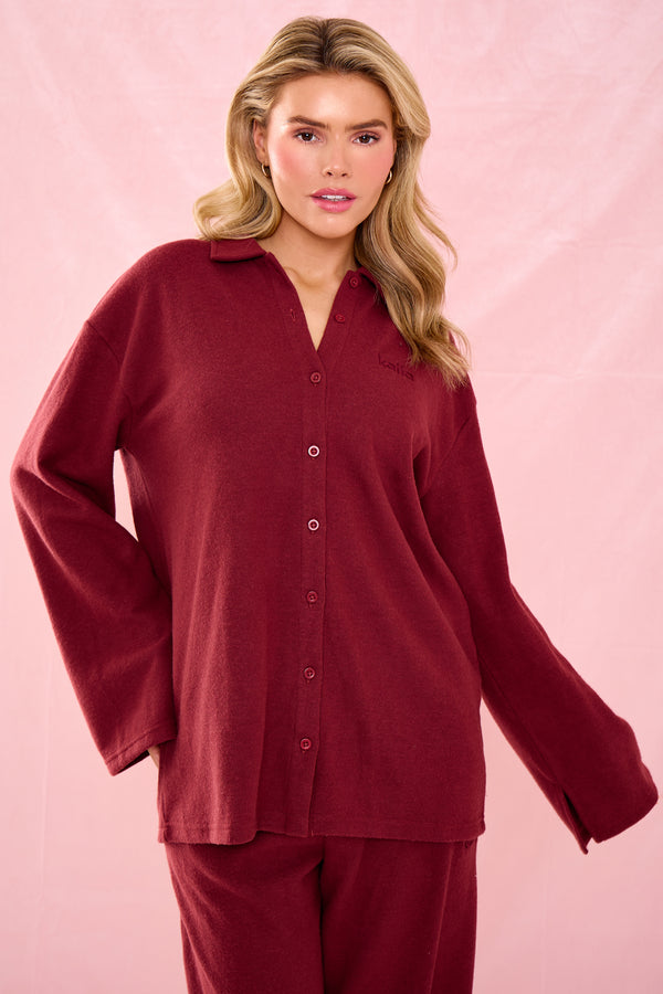 Kaiia Supersoft V Neck Button Down Shirt Warm Berry