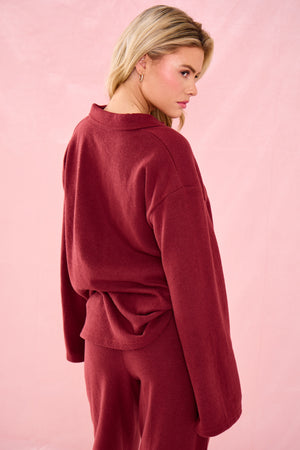 Kaiia Supersoft V Neck Button Down Shirt Warm Berry
