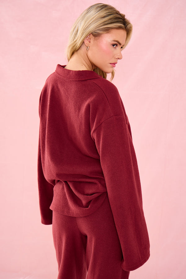 Kaiia Supersoft V Neck Button Down Shirt Warm Berry