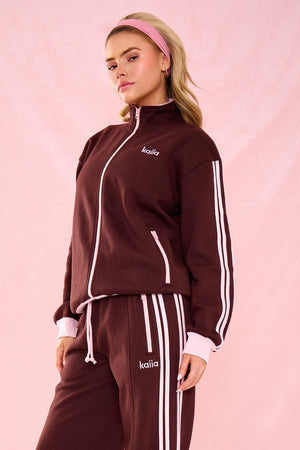 Kaiia Collared Boxy Zip Through Sweatshirt Chocolate & Pink