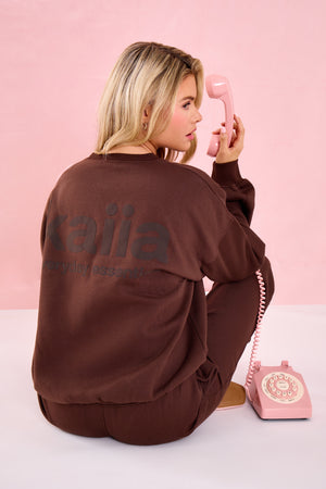 Kaiia Matte Slogan Oversized Hoodie Sweatshirt Bitter Chocolate