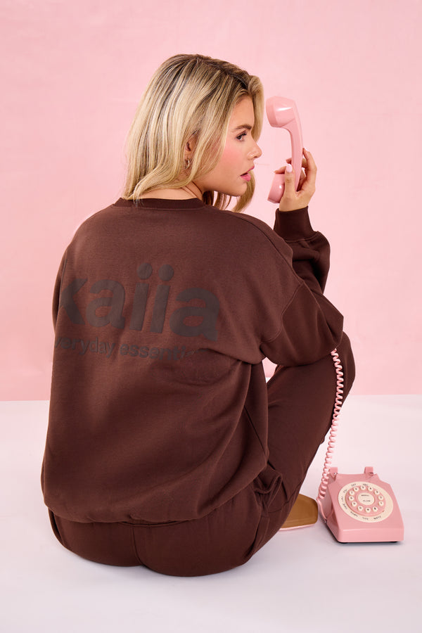 Kaiia Matte Slogan Oversized Hoodie Sweatshirt Bitter Chocolate