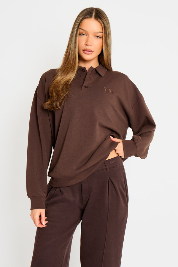 Kaiia Interlock Oversized Polo Style Button Sweatshirt Bitter Chocolate