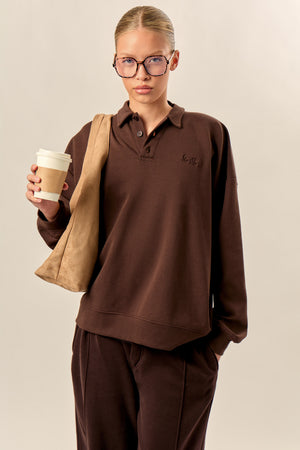 Kaiia Interlock Oversized Polo Style Button Sweatshirt Bitter Chocolate