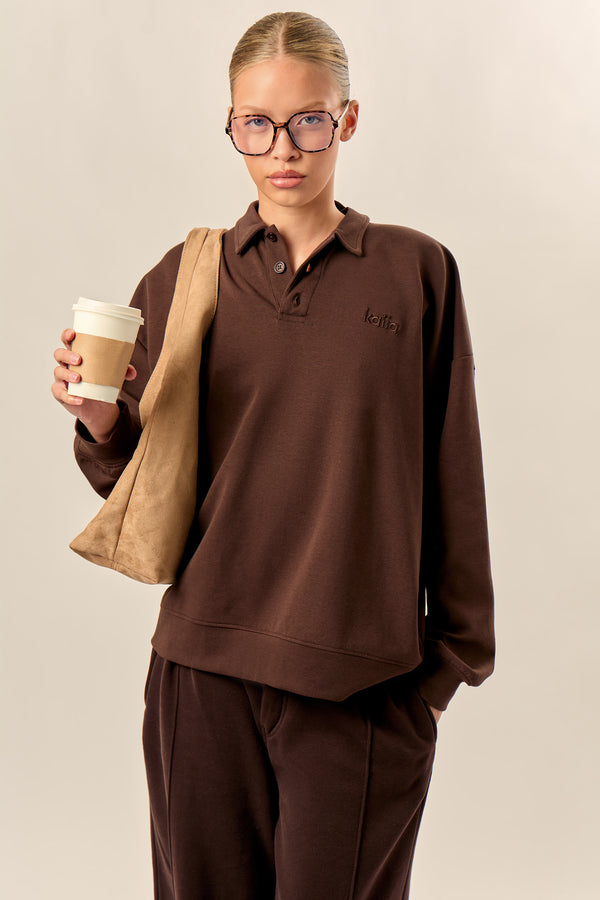 Kaiia Interlock Oversized Polo Style Button Sweatshirt Bitter Chocolate