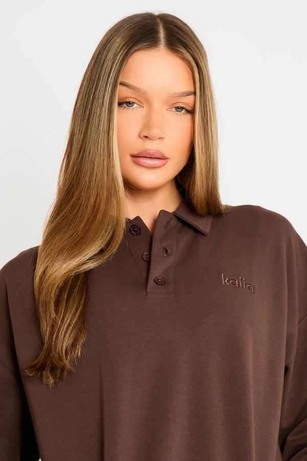 Kaiia Interlock Oversized Polo Style Button Sweatshirt Bitter Chocolate