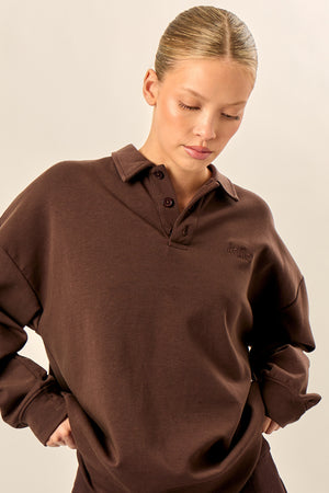 Kaiia Interlock Oversized Polo Style Button Sweatshirt Bitter Chocolate