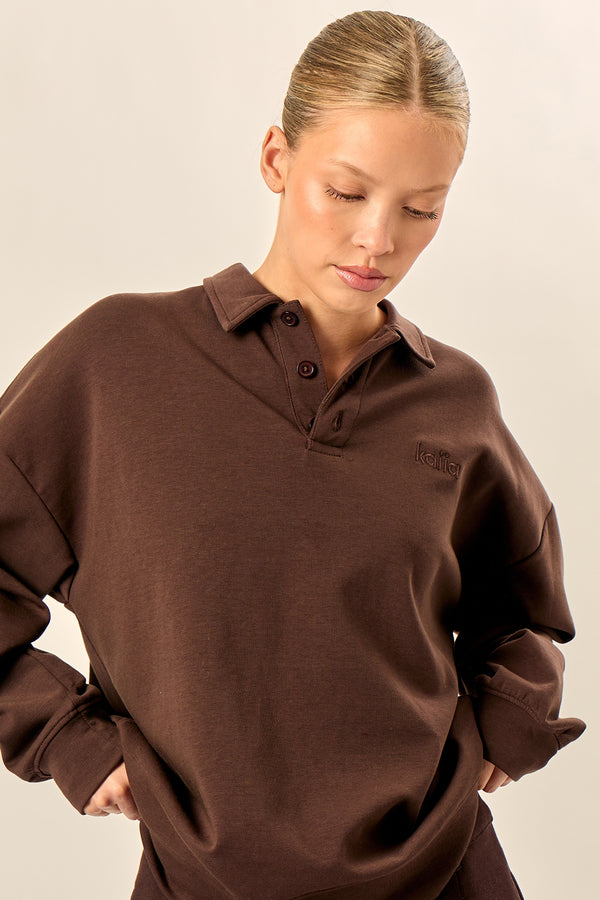 Kaiia Interlock Oversized Polo Style Button Sweatshirt Bitter Chocolate