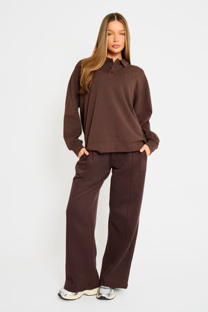 Kaiia Interlock Oversized Polo Style Button Sweatshirt Bitter Chocolate