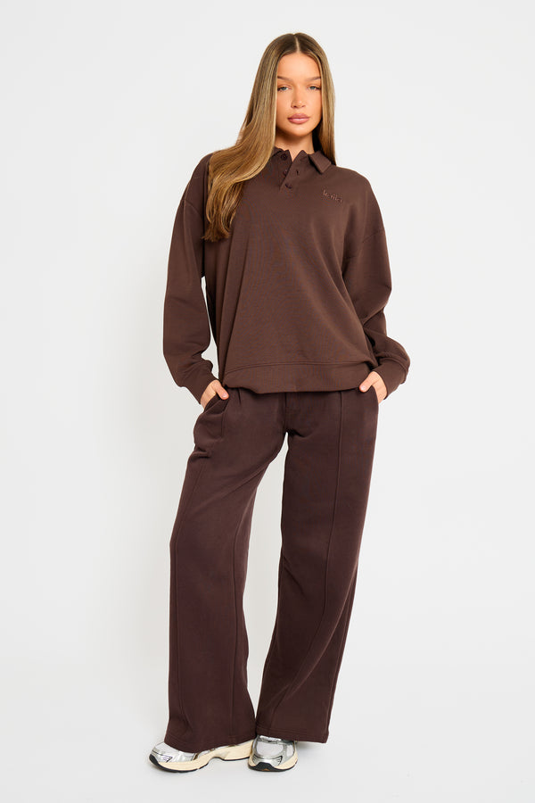 Kaiia Interlock Oversized Polo Style Button Sweatshirt Bitter Chocolate