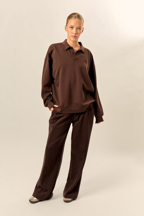 Kaiia Interlock Oversized Polo Style Button Sweatshirt Bitter Chocolate