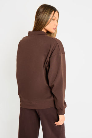 Kaiia Interlock Oversized Polo Style Button Sweatshirt Bitter Chocolate