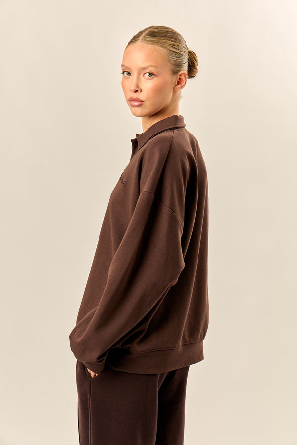 Kaiia Interlock Oversized Polo Style Button Sweatshirt Bitter Chocolate