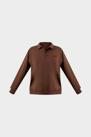 Kaiia Interlock Oversized Polo Style Button Sweatshirt Bitter Chocolate