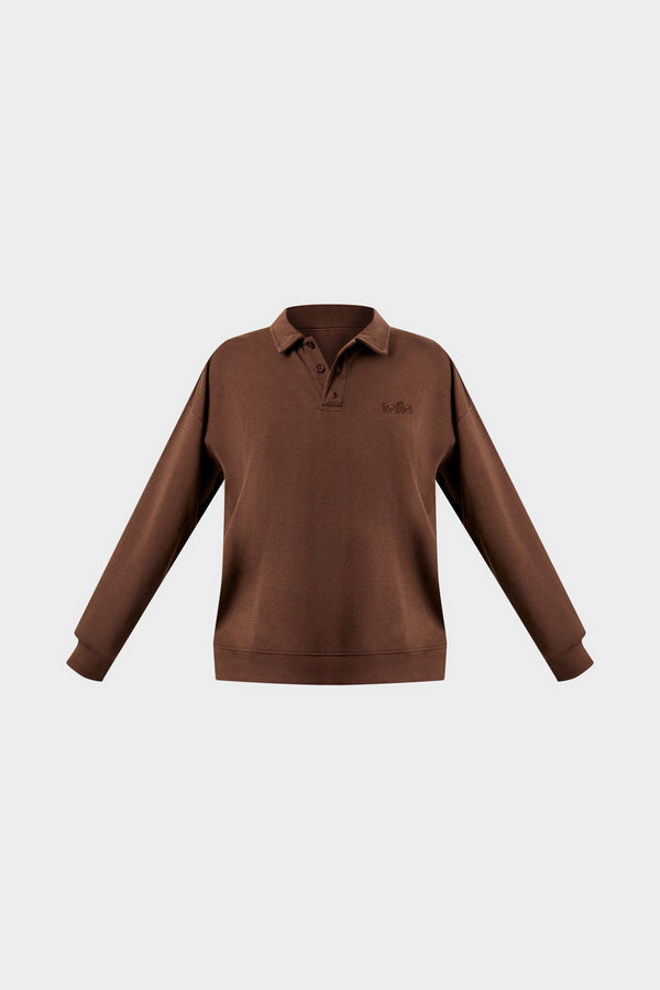 Kaiia Interlock Oversized Polo Style Button Sweatshirt Bitter Chocolate