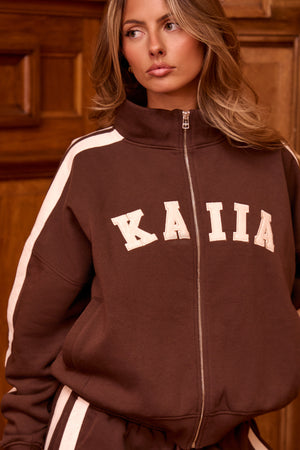 Kaiia Sport Stripe Funnel Neck Zip Through Sweatshirt Bitter Chocolate & Cream