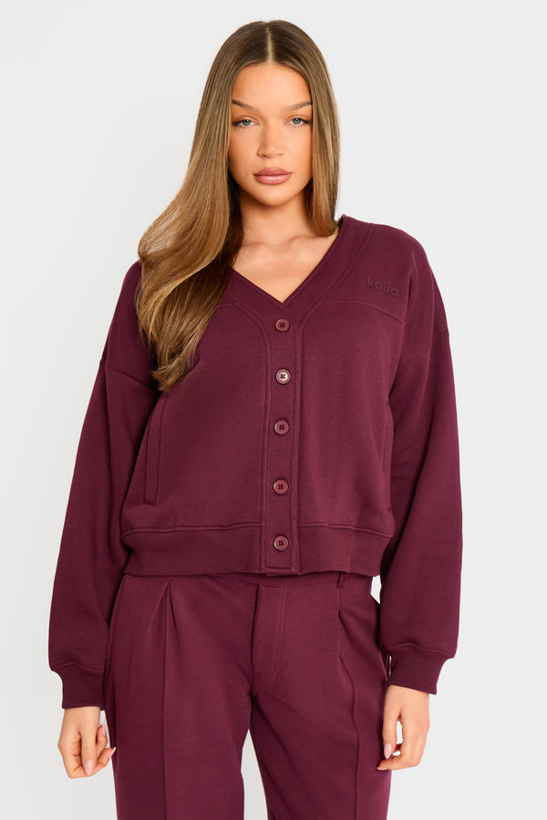 Kaiia Logo Button Down Oversized Sweat Cardigan Dark Cherry