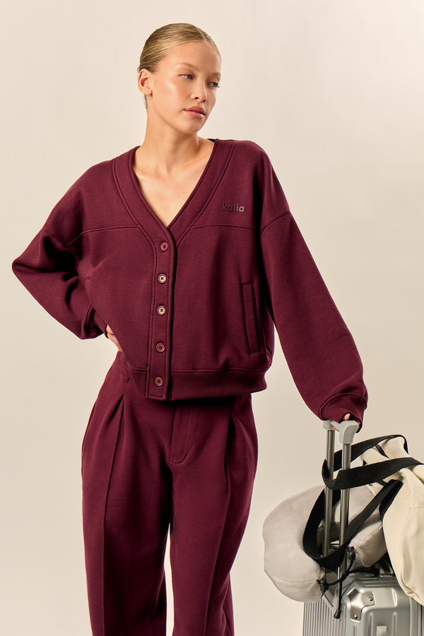 Kaiia Logo Button Down Oversized Sweat Cardigan Dark Cherry