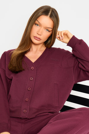 Kaiia Logo Button Down Oversized Sweat Cardigan Dark Cherry
