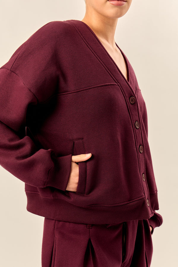 Kaiia Logo Button Down Oversized Sweat Cardigan Dark Cherry