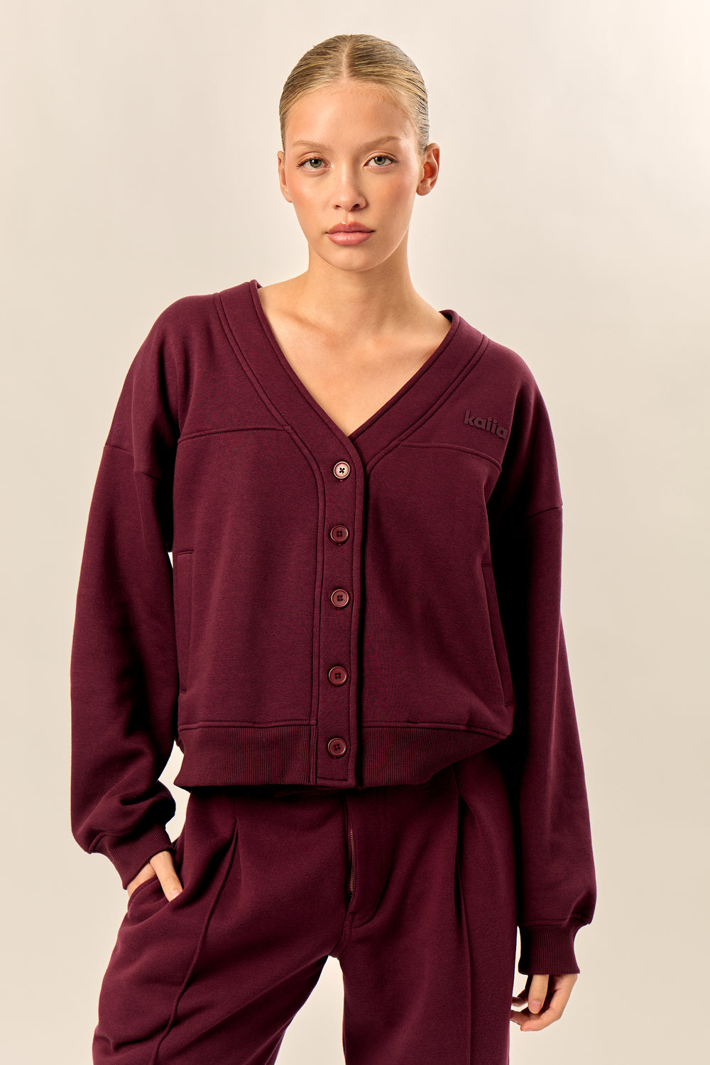 Kaiia Logo Button Down Oversized Sweat Cardigan Dark Cherry