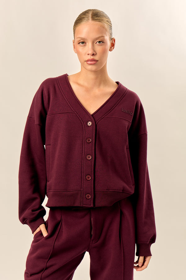 Kaiia Logo Button Down Oversized Sweat Cardigan Dark Cherry
