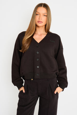 Kaiia Logo Button Down Oversized Sweat Cardigan Black