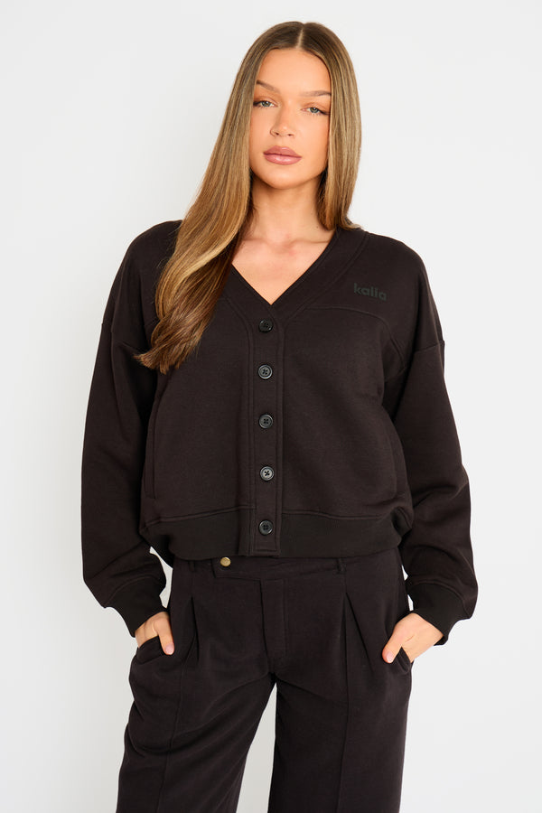 Kaiia Logo Button Down Oversized Sweat Cardigan Black