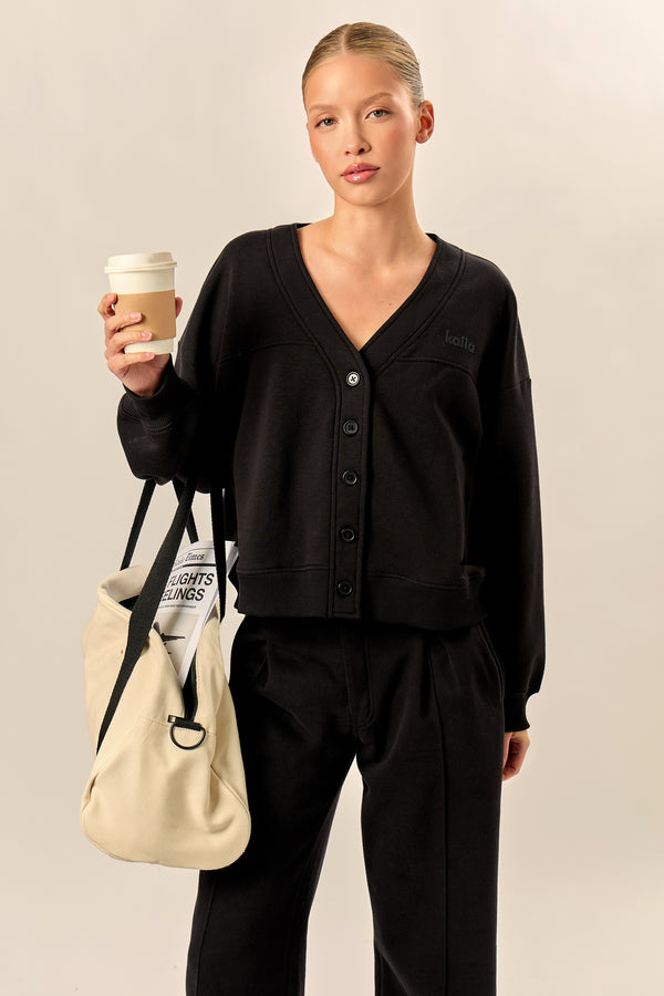 Kaiia Logo Button Down Oversized Sweat Cardigan Black