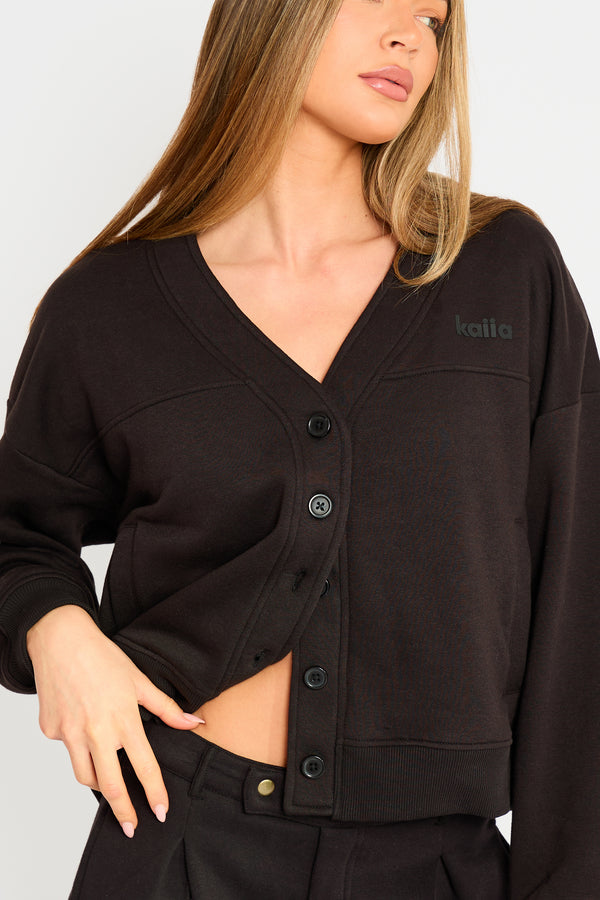 Kaiia Logo Button Down Oversized Sweat Cardigan Black