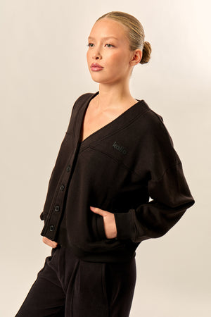 Kaiia Logo Button Down Oversized Sweat Cardigan Black