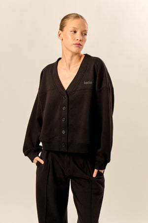 Kaiia Logo Button Down Oversized Sweat Cardigan Black