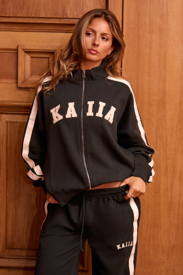 Kaiia Sport Stripe Funnel Neck Zip Through Sweatshirt Pine Green & Cream