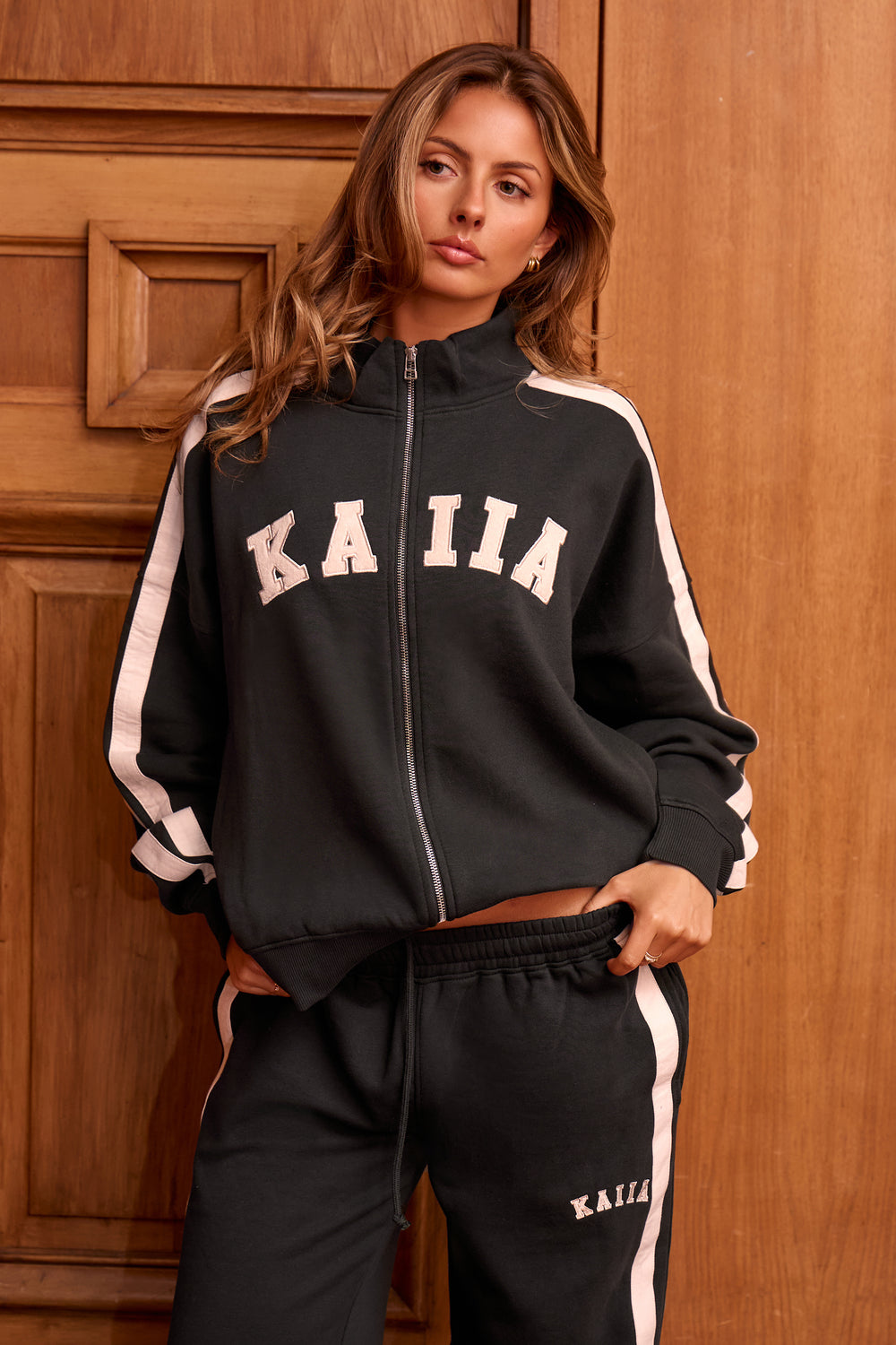 Kaiia Sport Stripe Funnel Neck Zip Through Sweatshirt Pine Green & Cream
