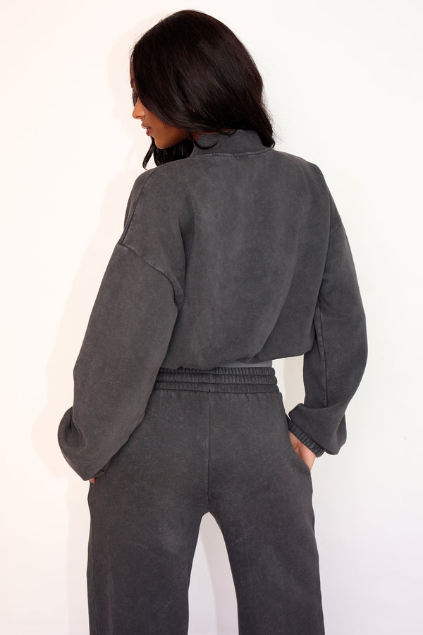 Kaiia Zip Through Bomber Style Sweatshirt Washed Black