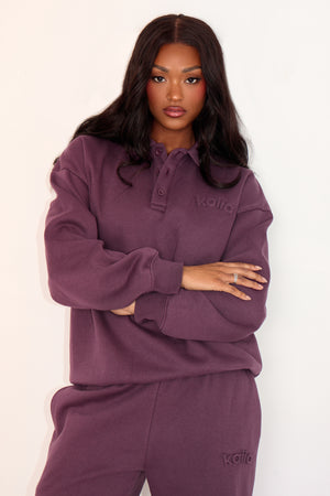 Kaiia Button Embossed Logo Polo Sweatshirt Aubergine