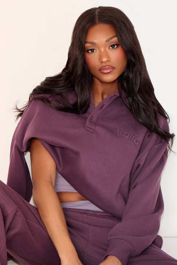 Kaiia Button Embossed Logo Polo Sweatshirt Aubergine