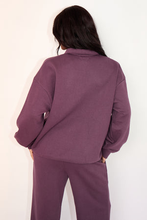 Kaiia Button Embossed Logo Polo Sweatshirt Aubergine