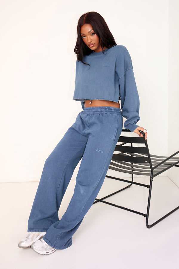 Kaiia Cropped Raw Hem Sweatshirt Washed Petrol