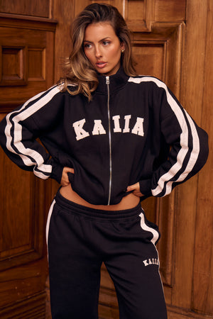 Kaiia Sport Stripe Funnel Neck Zip Through Sweatshirt Black & White