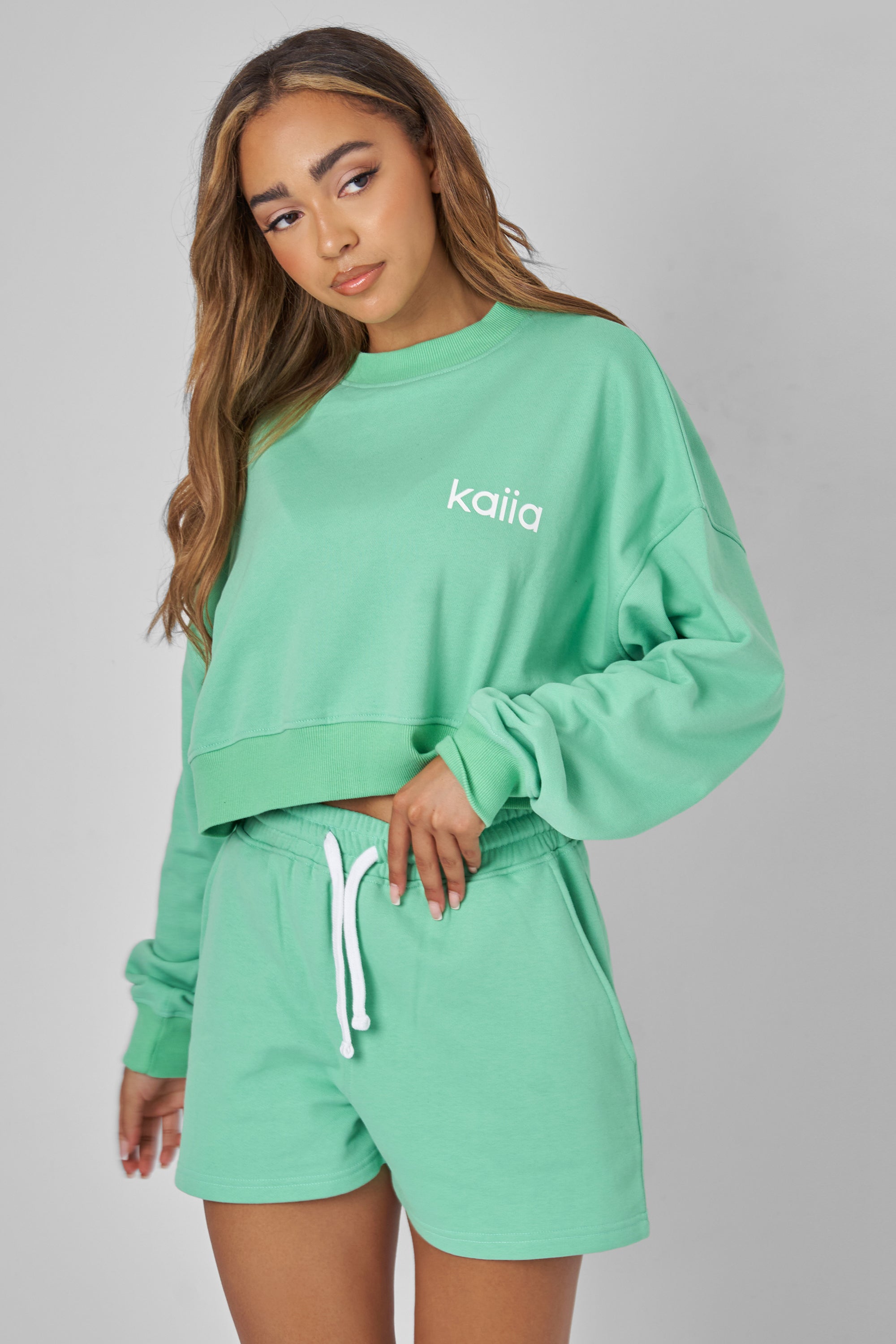 Kaiia Slogan Cropped Sweatshirt Green