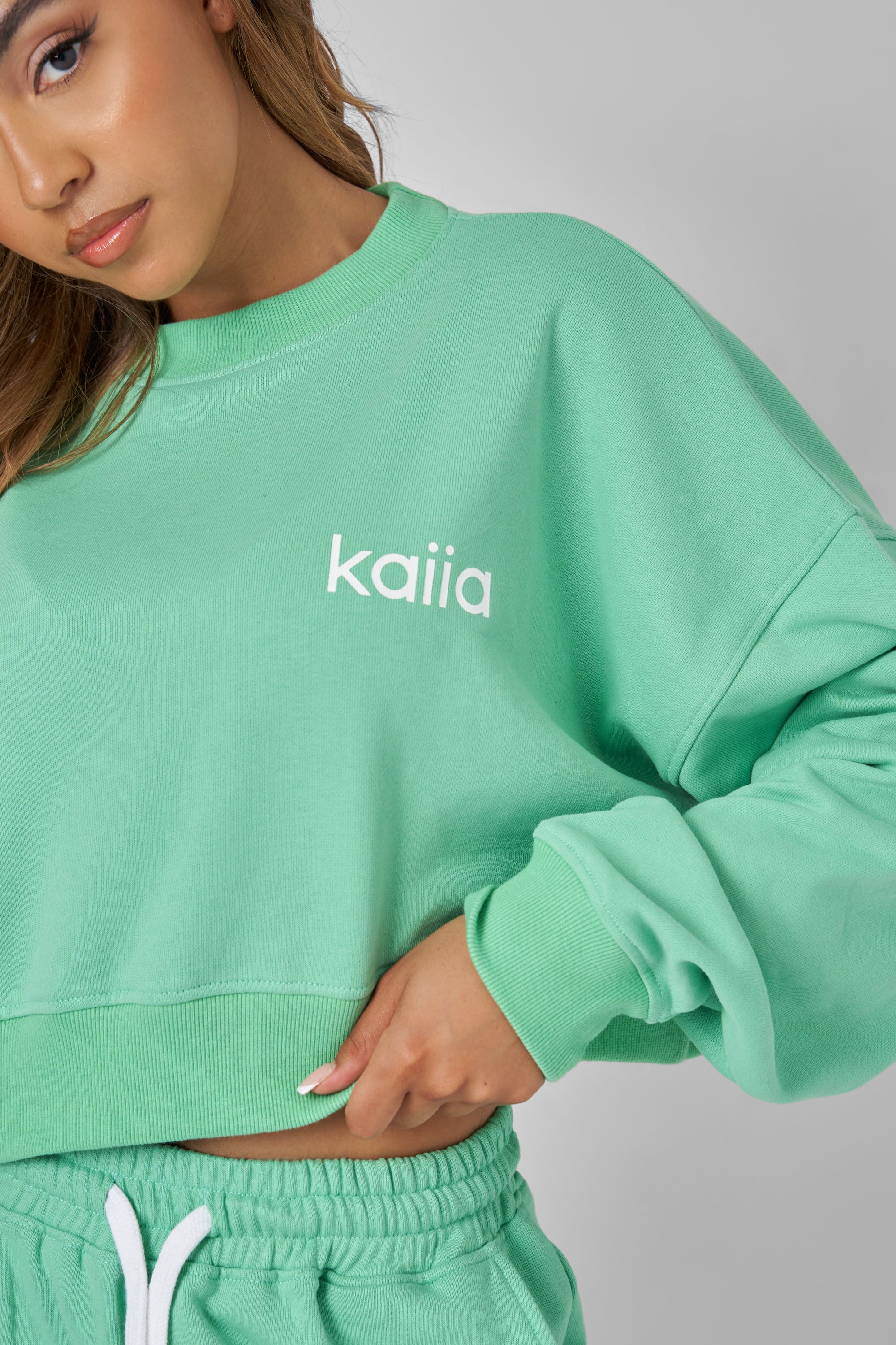 Kaiia Slogan Cropped Sweatshirt Green