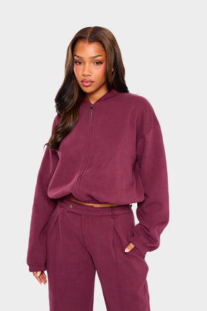Kaiia Zip Through Bomber Style Sweatshirt Dark Cherry