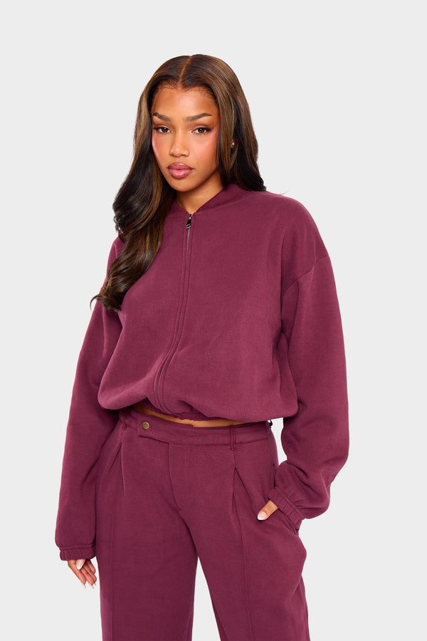 Kaiia Zip Through Bomber Style Sweatshirt Dark Cherry