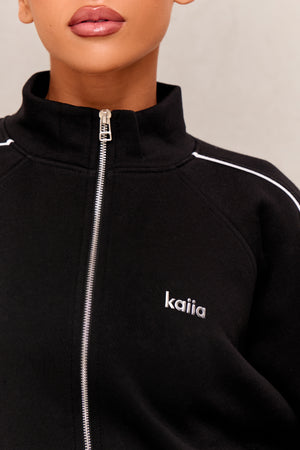 Kaiia Chrome Logo Sport Piping Side Stripe Oversized Zip Through Sweatshirt Black & White