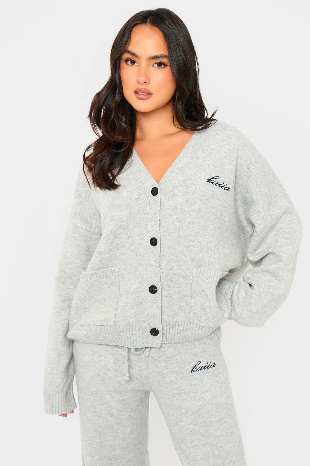 Kaiia Knit Button Down Pocket Cardigan Grey Marl