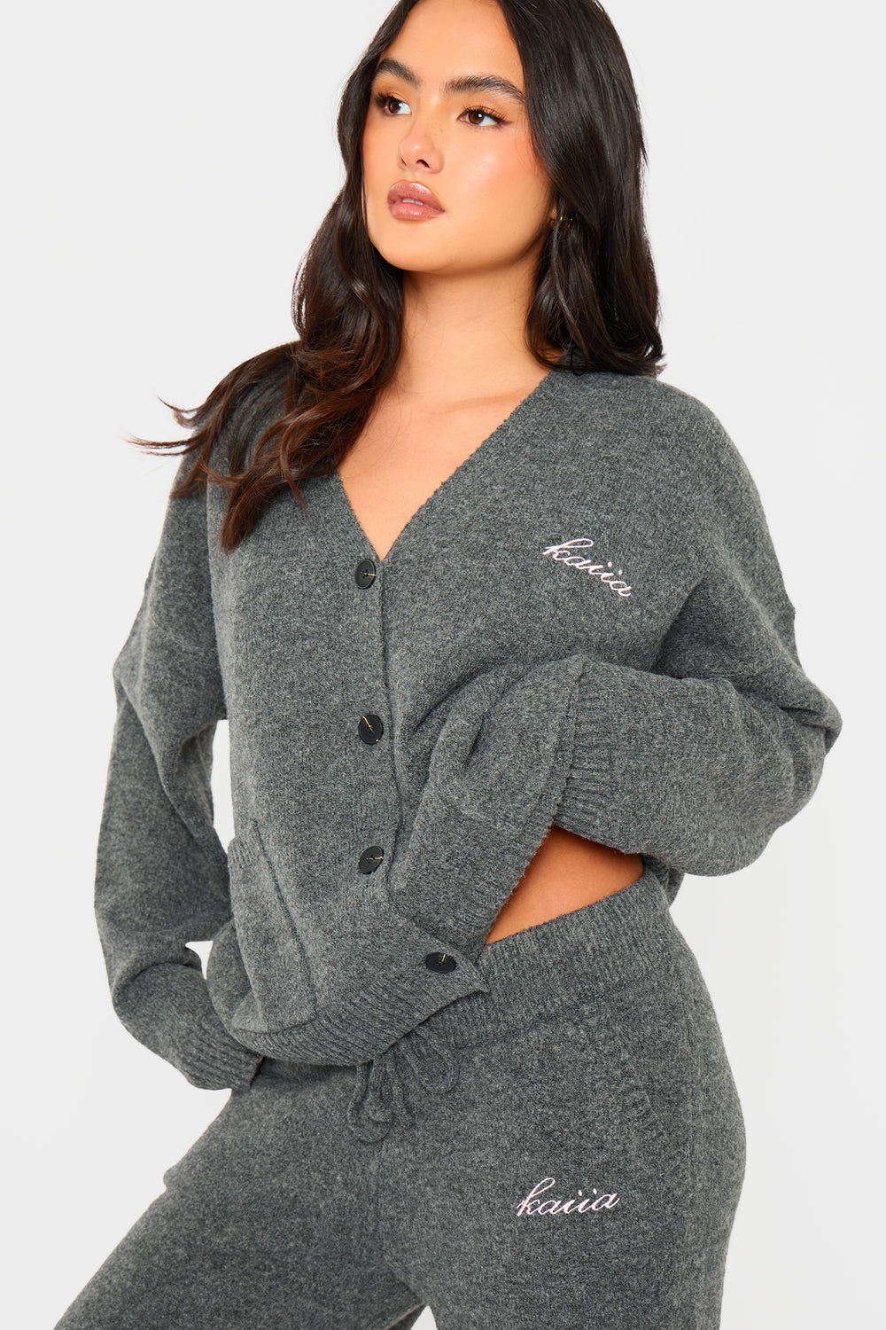 Kaiia Knit Button Down Pocket Cardigan Charcoal